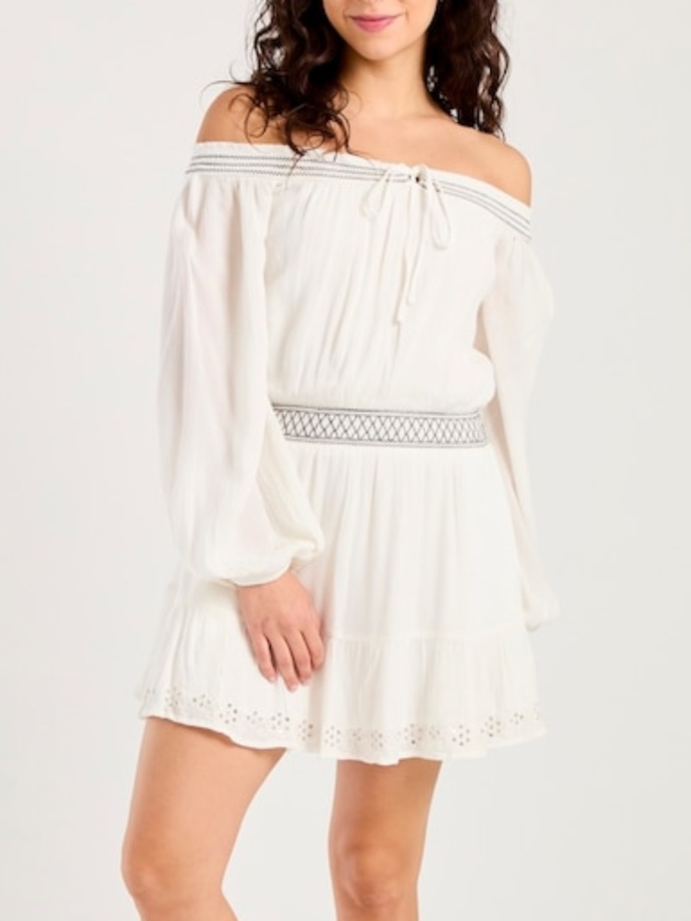 NWT Hollister Off-the-Shoulder Boho Mini Dress, Flowy Long Sleeve - Small Tall